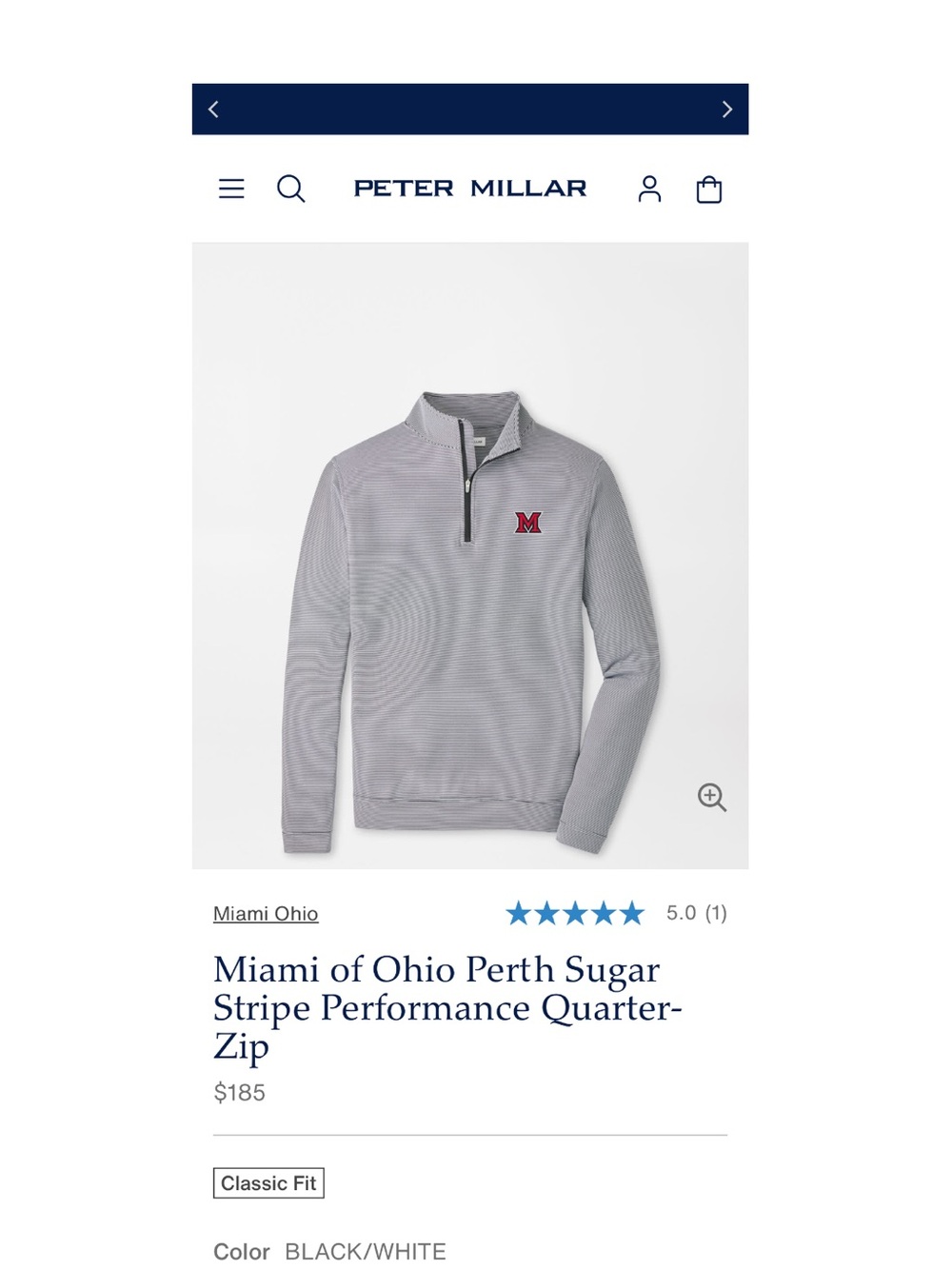 Peter Millar Black and White Stripe Miami of Ohio Quarter-Zip